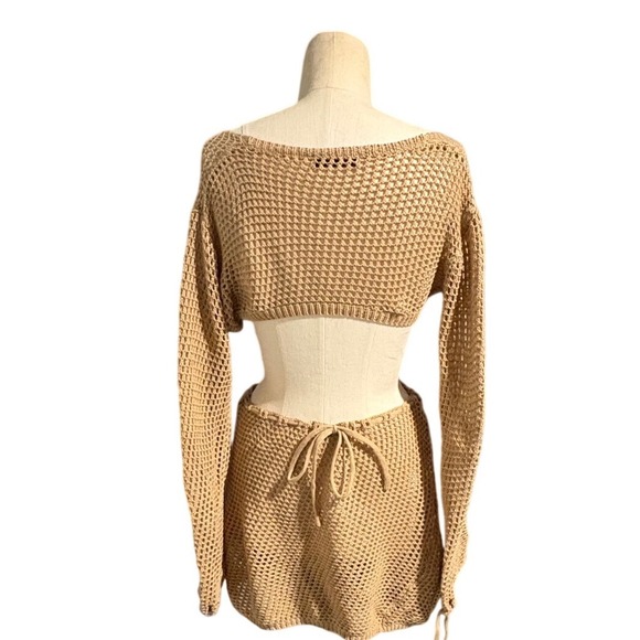 Crochet Cutout Mini Dress Beige Knit Ring Detail Long Sleeve Beach Vacation S - Picture 2 of 8